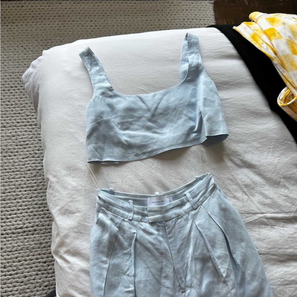 Significant other linen blue pant and crop top set